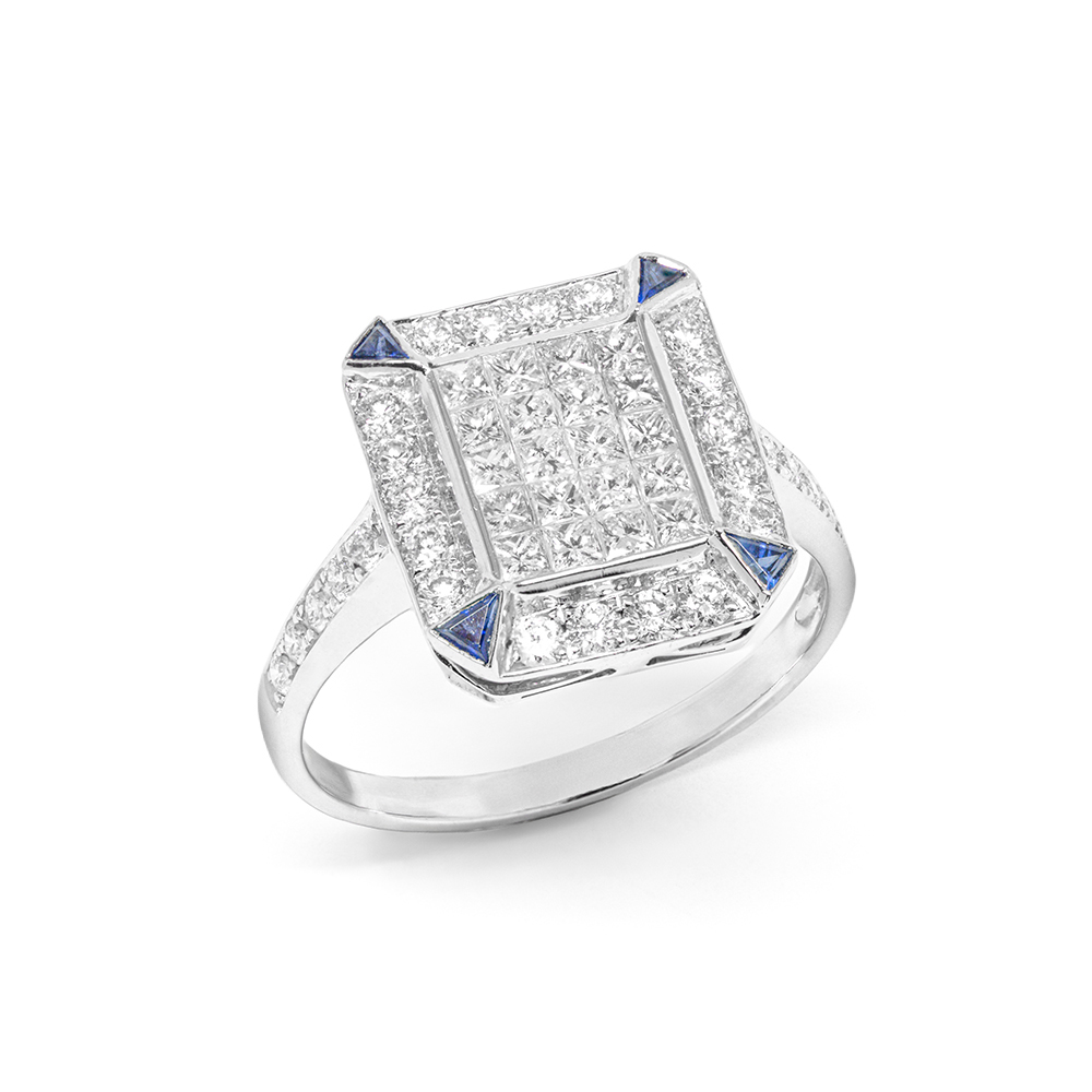 Δαχτυλίδι μονόπετρο vintage τετράγωνο με διαμάντια από λευκόχρυσο 18k