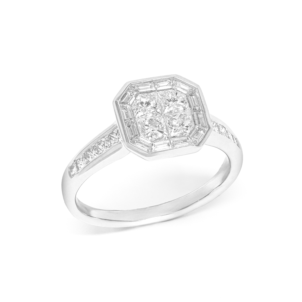 Δαχτυλίδι μονόπετρο vintage τετράγωνο με διαμάντια από λευκόχρυσο 18k