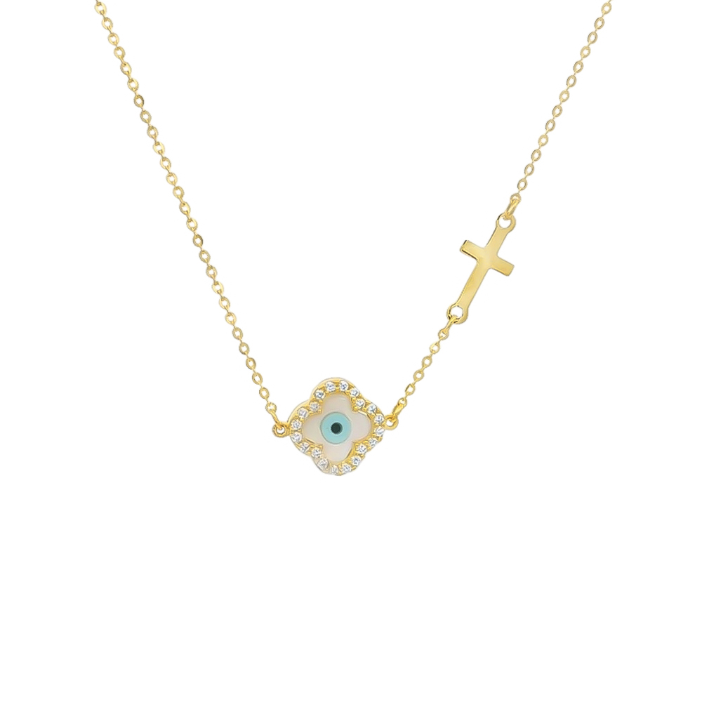 Κολλιέ elegant από κίτρινο χρυσό 14k με μάτι από mother of pearl  και σταυρό