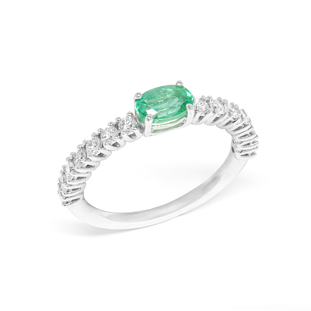 Δαχτυλίδι minimal σειρέ με διαμάντια και μονόπετρο oval emerald λευκόχρυσο 18k